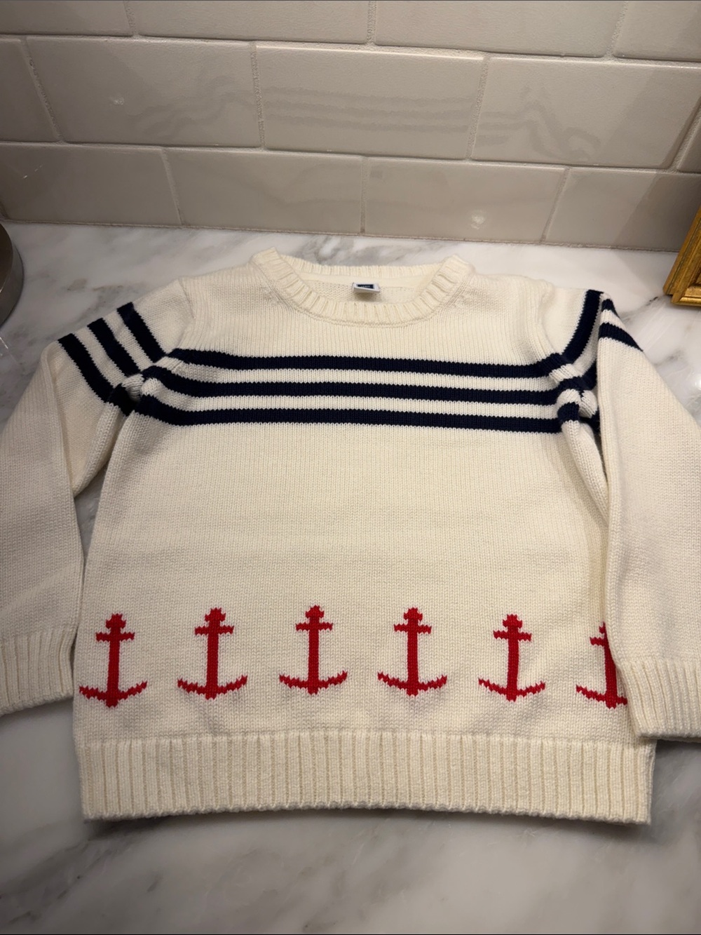 Janie and Jack Cream Knit Sweater with Navy Stripes and Red Anchors